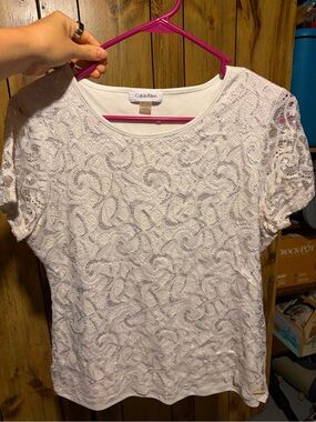 Calvin Klein White Lace Short-Sleeve Overlay Top